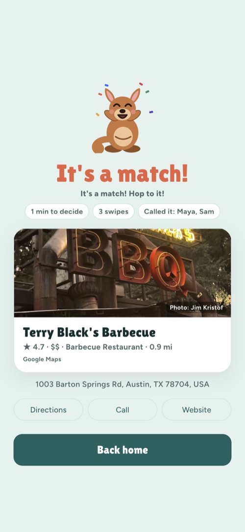 Votaroo match screen with directions, call and website