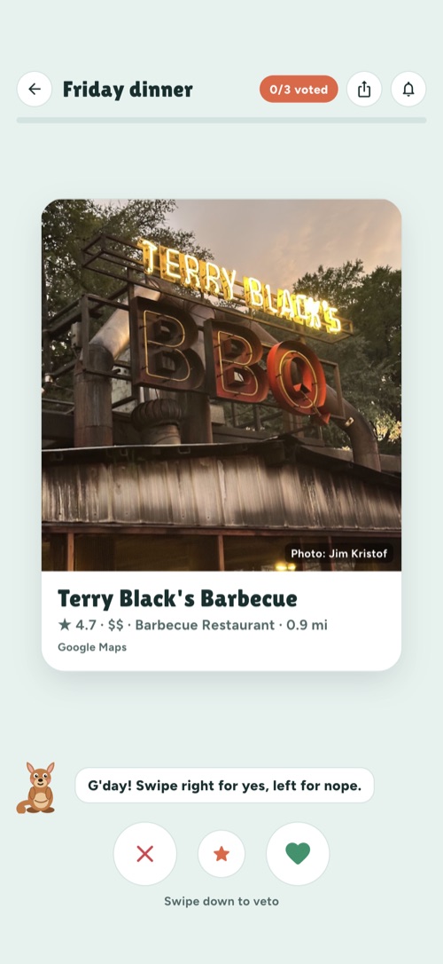 Votaroo swipe screen with a barbecue restaurant card